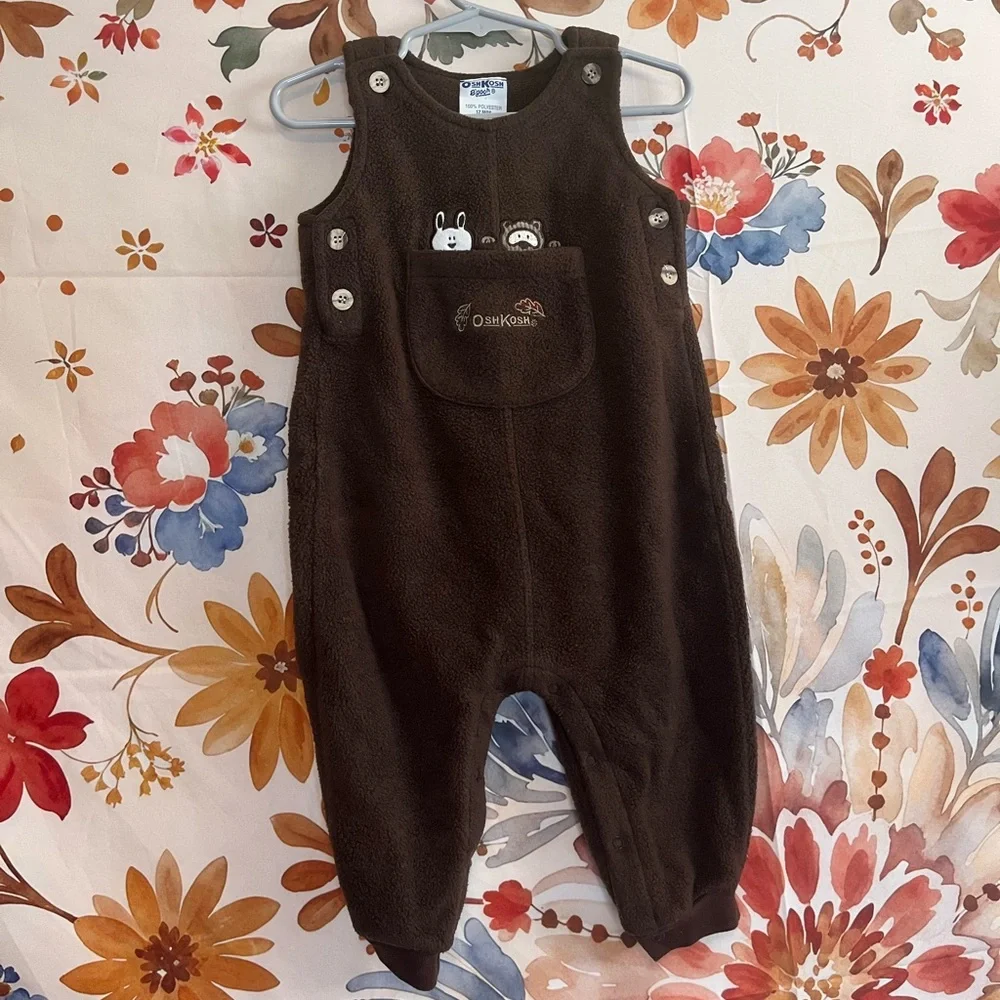 Vintage Oshkosh Baby Infant 12M Bunny Raccoon Fleece Button Fall Cozy Overalls